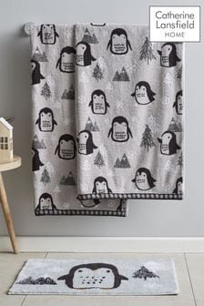 Catherine Lansfield Set of 2 Grey Cosy Penguin Cotton Christmas Towels (C77203) | $39