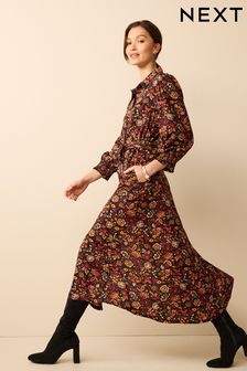 Siyah Çiçek Nakış Kemerli Uzun Kollu Düğmeli Gömlek Elbise (C77468) | ₺ 995