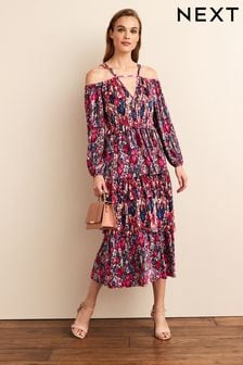 Blue Floral Plisse Tiered Long Sleeves Maxi Dress (C77527) | 39 €