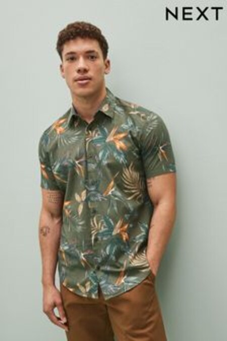Verde oscuro - Camisa de manga corta con estampado hawaiano (C77792) | 32 €