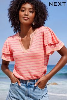 Coral Pink Stripe Linen Ruffle Sleeve V-Neck Top (C77806) | €12