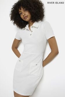 River Island White Short Sleeve Button Front Boucle Shift Dress (C78386) | €39