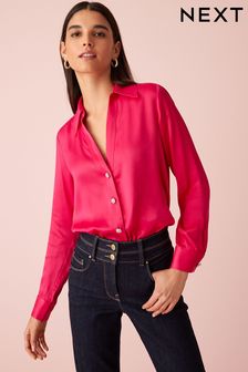 Bright Pink Sparkle Button Satin Shirt (C78539) | ₪ 122