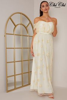 Chi Chi London Cream Bardot Embroidered Floral Dobby Lace Maxi Dress (C78706) | 150 €