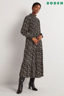 Boden Black Printed Smocked Tiered Midi Dress (C78819) | €79