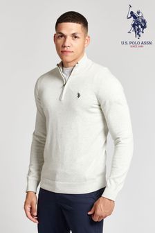 U.S. Polo Assn. Mens Light Grey Marl Cotton Funnel Neck Zip Knit Jumper (C78934) | 87 €