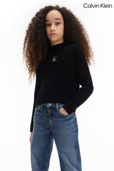 Czarny dziewczęcy sweter Calvin Klein z szenili z monogramem (C78965) | 237 zł