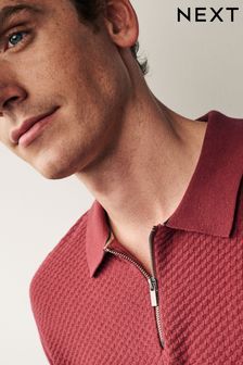 Roza - Teksturirana pletena polo majica z dolgimi rokavi in zadrgo standardnega kroja (C79083) | €22
