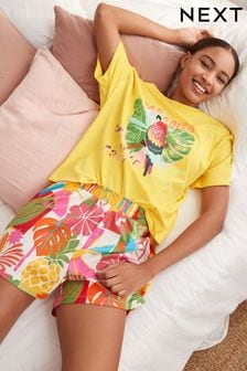 Žlutá s papouškem - Krátká bavlněná pyžamová souprava (C79143) | 640 Kč