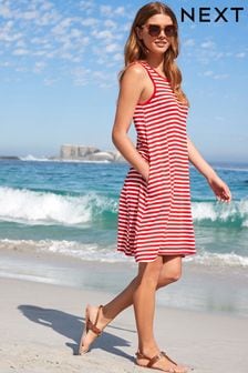 Red/White Stripe Sleeveless Swing Jersey Summer Dress (C79198) | 52 zł