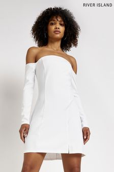 Biła sukienka mini River Island o prostym kroju z długimi rękawami i dekoltem bardot (C79375) | 99 zł