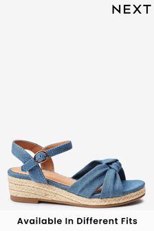 Denim Blue Wide Fit (G) Knot Detail Ankle Strap Wedge Sandals (C79634) | €13 - €18.50