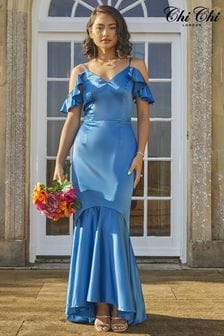 Chi Chi London Blue Satin Cami Strap Ruffle Detail Bodycon Dress (C79790) | €74
