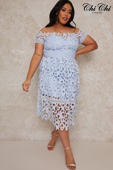 Chi Chi London Blue Plus Size Bardot Lace Midi Dress (C79821) | OMR52