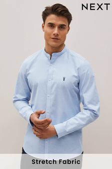 Light Blue Stretch Oxford Long Sleeve Shirt With Grandad Collar (C79864) | 107 zł
