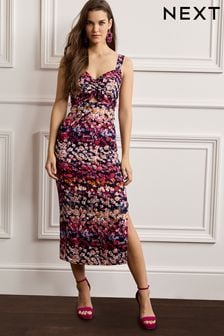 Purple Floral Linen Mix Slim Midi Dress (C80100) | €20