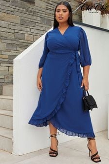 Chi Chi London Blue Curve Short Sleeve Dobby Wrap Midi Dress (C80159) | €93