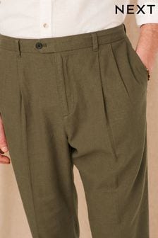 Khaki Green Relaxed Tapered Linen Blend Pleated Front Trousers (C80170) | 20 €