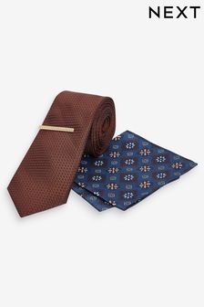 Rust Brown Medallion Regular Tie, Pocket Square And Tie Clip Set (C80244) | 517 UAH
