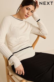 Ecru White Fitted Ribbed Jumper (C80279) | AED48
