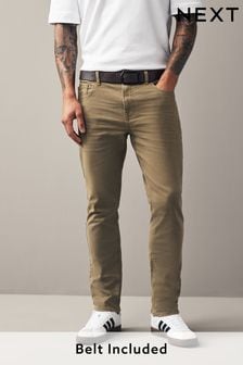 Tan Brown Slim Belted Straight Fit Jeans (C80329) | kr421