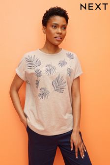 Nude Pink Embellished Leaf Sparkle Cap Sleeve 100% Cotton Slouchy T-Shirt (C80414) | €11