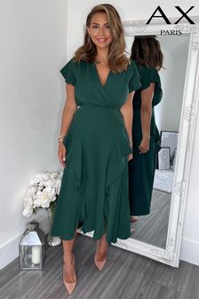 Zielona sukienka midi Ax Paris z podwójnym rozcięciem i falbankami (C80452) | 157 zł