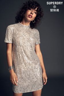 Superdry Silver Sequin T-Shirt Dress (C80578) | $107