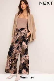 Feather Print Linen Blend Wide Leg Trousers (C80635) | TRY 497