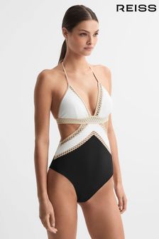 Reiss Black/White Savannah Lattice Halterneck Swimsuit (C81160) | EGP4,180