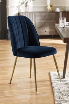 Set of 2 Soft Velvet Navy Blue Brushed Gold Leg Stella Non Arm Dining Chairs (C81290) | €305