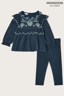 Monsoon Blue Baby Embroidered Blouse and Leggings Set (C81714) | 84 QAR - 94 QAR
