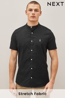 Black Stretch Oxford Short Sleeve Shirt With Grandad Collar (C82572) | DKK103