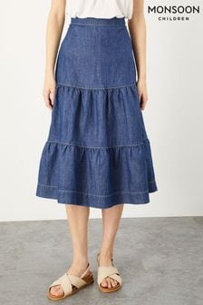 Monsoon Blue Hemp Denim Tiered Midi Skirt (C82590) | $177