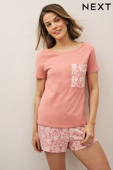 珊瑚粉色花卉 - 棉質短款睡衣套裝 (C82715) | NT$570