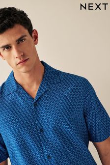 Blue Cuban Collar Geo Printed Short Sleeve Shirt (C83169) | 72 zł