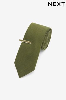 Khaki Green Slim Textured Tie And Tie Clip Set (C83434) | €21