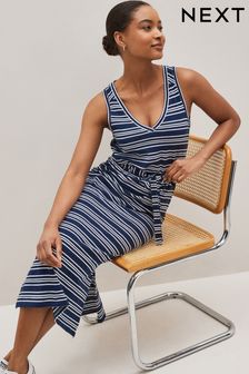 Marineblauw/wit gestreept - Wijde midi-jurk met V-hals zonder mouwen (C83497) | €27