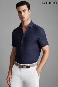Reiss Navy Holiday Slim Fit Linen Button-Through Shirt (C83556) | OMR66