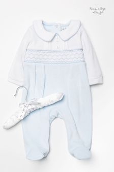Rock A Bye Baby Boutique Blue Velour Smocking Detail Sleepsuit (C83616) | ₪ 84