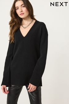 Black Premium 100% Wool Longline V-Neck Jumper (C83679) | 70 €