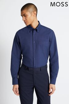 Moss Bros Slim Fit Navy Blue Royal Oxford Non-Iron Shirt (C83710) | ₪ 233
