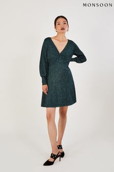 Monsoon Lenzing™ Ecovero™ Kleid mit V-Ausschnitt, Grün-Metallic (C83903) | 65 €