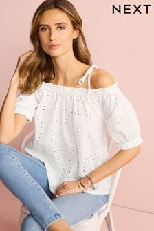White Bardot Broderie Puff Sleeve Top (C83970) | €14.50