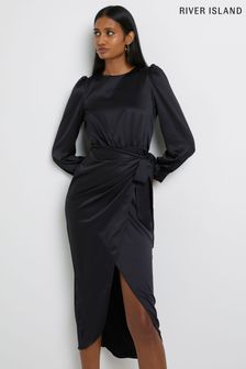 River Island Black Satin Wrap Midi Dress (C84356) | $79
