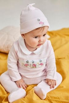JoJo Maman Bébé Pink Jemima Puddle-Duck Smocked Sleepsuit & Hat Set (C85172) | €44