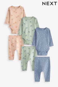 Mint Green/Navy Blue/Rust Brown Character Baby Bodysuits And Leggings 6 Piece Set (C85484) | €15.50