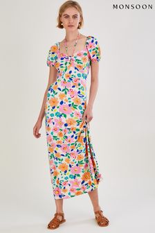 Monsoon Natural Floral Puff Sleeve Jersey Midi Dress (C85494) | 94 €