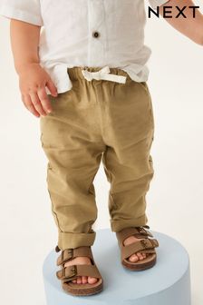  (C85539) | €13 - €16 Marrone chiaro  - Pantaloni in misto lino con elastico in vita (3 mesi - 7 anni)