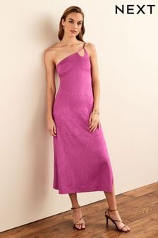Pink One Shoulder Midi Length Satin Slip Dress (C85799) | €28